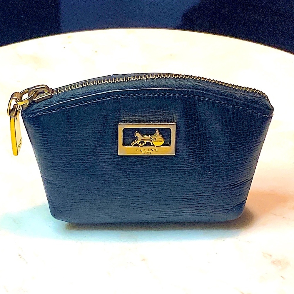 CELINE HORSE CARRIAGE COIN PURSE BLACK TEXTURED LEATHER VINTAGE 1998